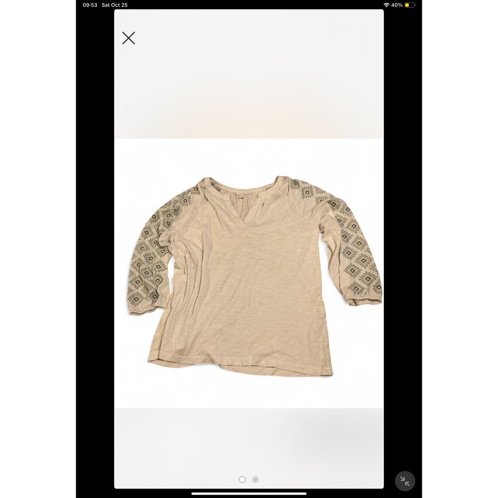 Pure Jill Women's Beige Embroidered Tunic Top‎ 3/4 Sleeve V-Neck Tall L
